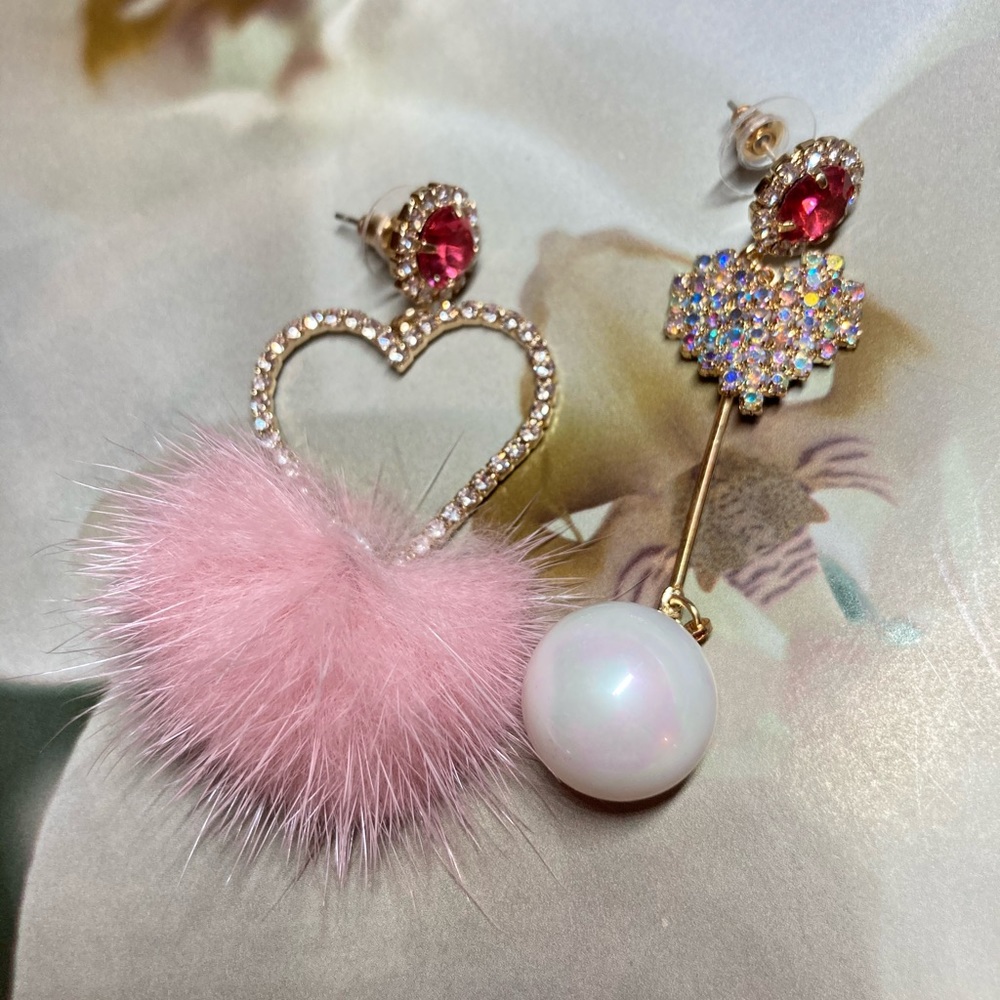 Pink Fur Crystals Asymmetrical Dangle Earrings - Picture 2 of 5